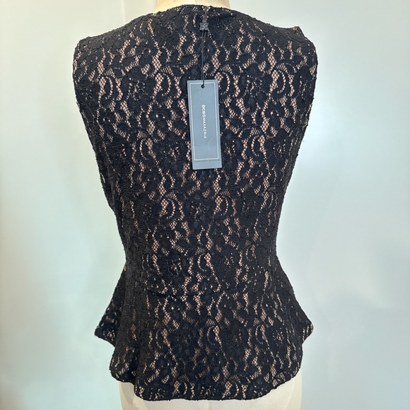 BCBGMaxAzria NWT Black Lace Peplum Top with Nude Underlay- Size Medium - Picture 4 of 5